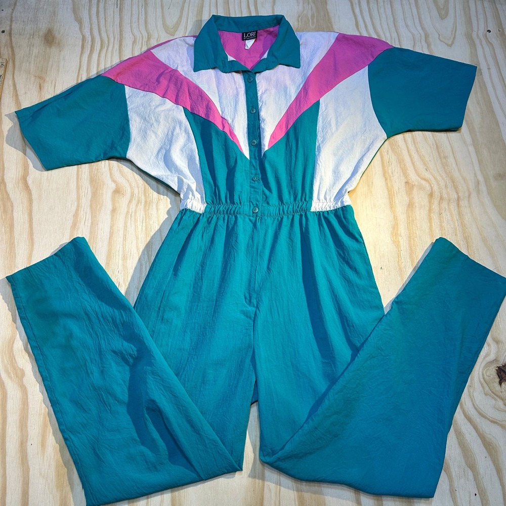 Lori of California Womens Vintage 80s Jumpsuit Teal Pink Colorblock Size Medium